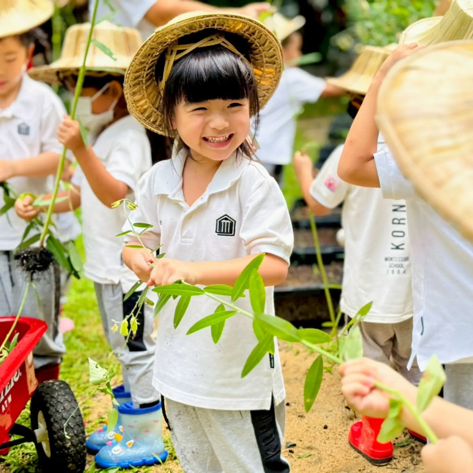 A girl in a straw hat laughing as she holds a plant in the school garden, among classmates in hats
